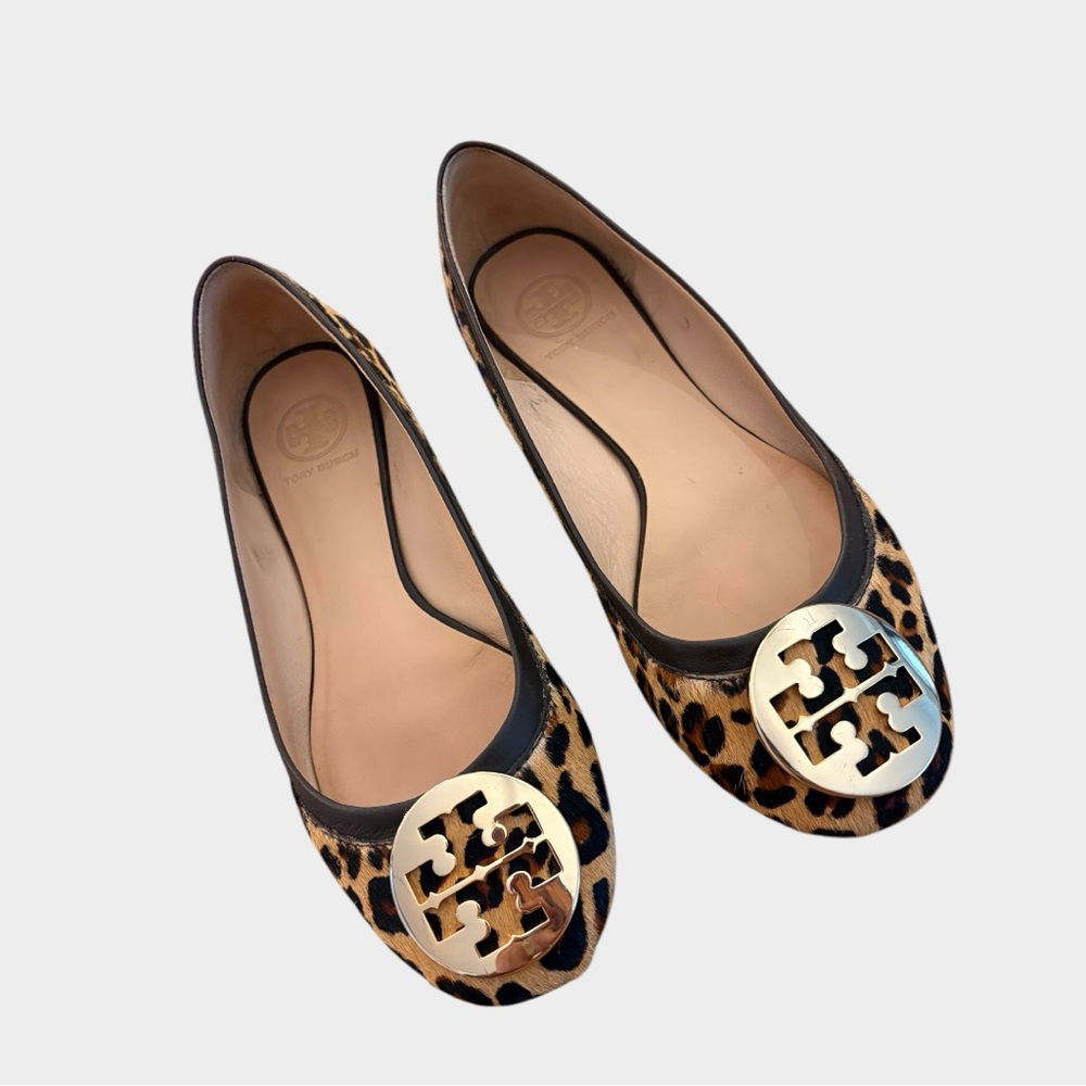 Tory Burch Leopard Print Reva Flats with Gold Logo